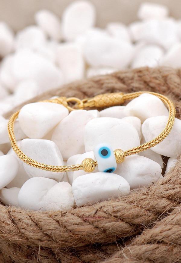 Kazaziye İşlemeli Nazar Boncuklu Elişi Altın Yaldızlı Gümüş Bileklik 3826 - Image 1