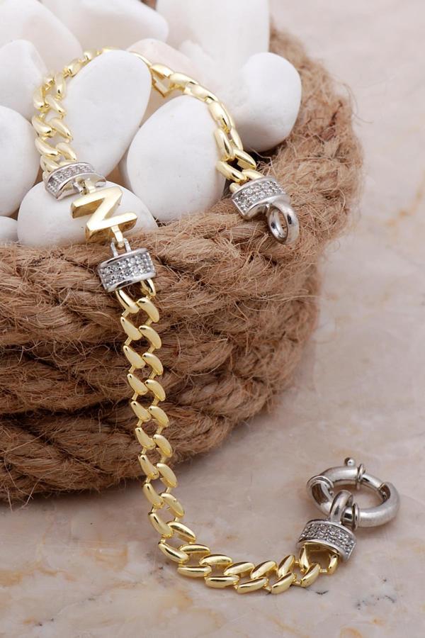 N Harfli Gurmet Altın Yaldızlı Gümüş Bileklik 4037 - Image 1