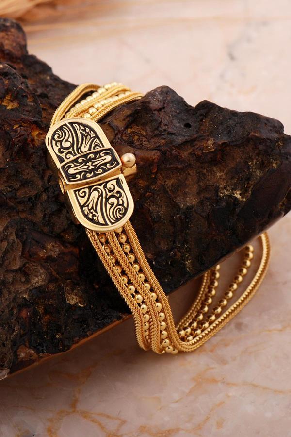 Lale Motifli Midyat Hasırı Altın Kaplama Gümüş Akıtma Bileklik 4714 - Image 1