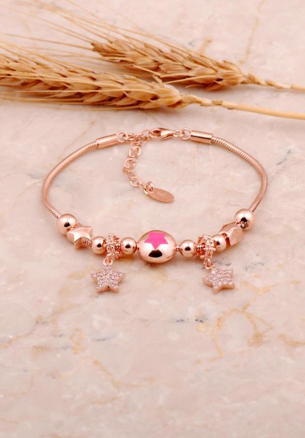 Pembe Mineli Yıldız Tasarımlı Rose Gümüş Şans Bileklik 4502 - Image 1