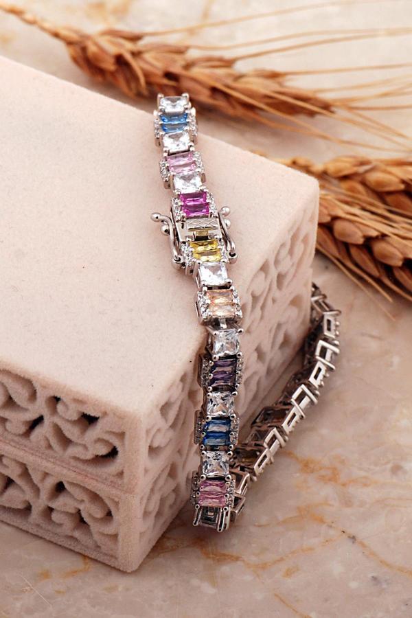 Renkli Baget Taşlı Tasarım Rodyum Kaplama Gümüş Bileklik 4649 - Image 1