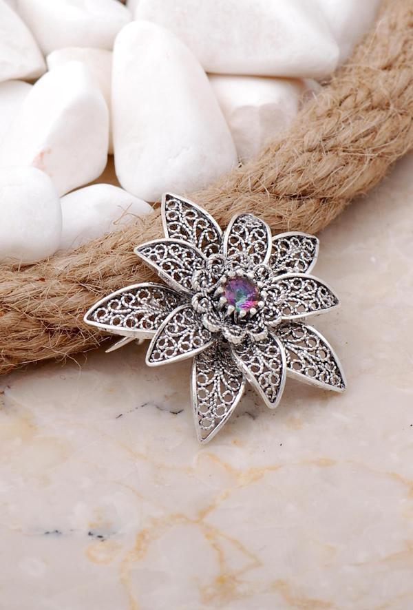 Mistik Topaz Taşlı Lotus Telkari Elişi Gümüş Broş 352 - Image 1