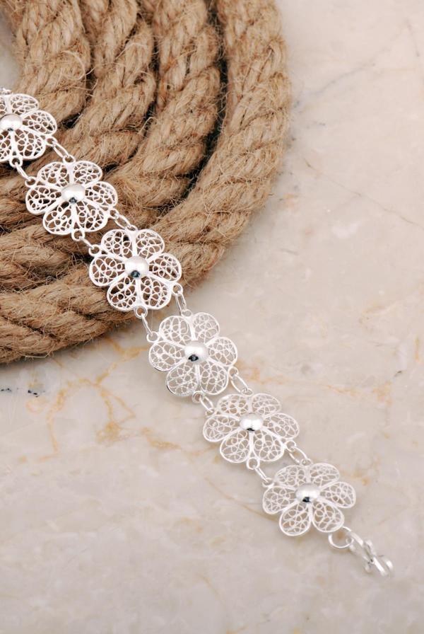 Midyat Telkari Sanatı İşlemeli Elişi Çiçek Gümüş Bileklik 4664 - Image 1