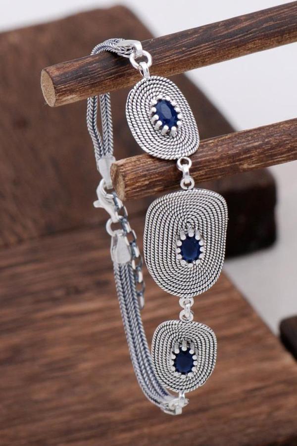 Safir Taşlı Tasarım Telkari Gümüş Bileklik 3129 - Image 1