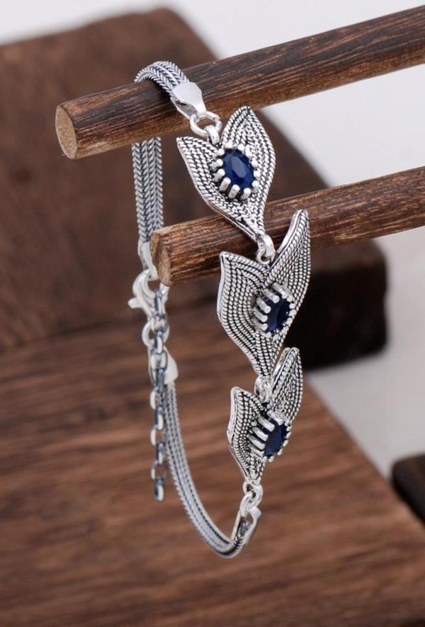 Safir Taşlı Tasarım Telkari Gümüş Bileklik 3135 - Image 1