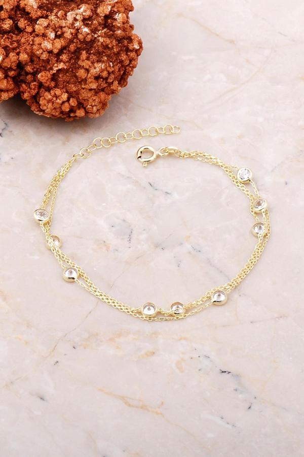 Sıra Taşlı Altın Yaldızlı Üç Sıralı Gümüş Bileklik 3733 - Image 1