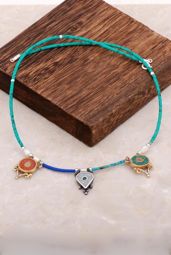 Doğal Taşlı Mozaik İşlemeli Gümüş Kolye 6529 - Image 1