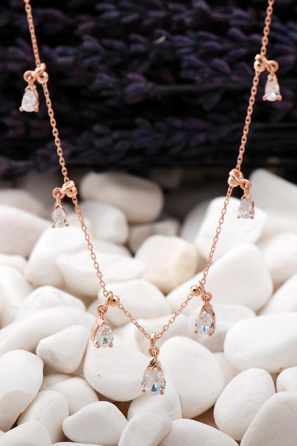 Damla Sıra Taşlı Rose Gümüş Kolye 21 - Image 1