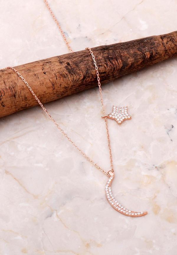 Ay Ve Yıldız Rose Gümüş Tasarım Kolye 6995 - Image 1