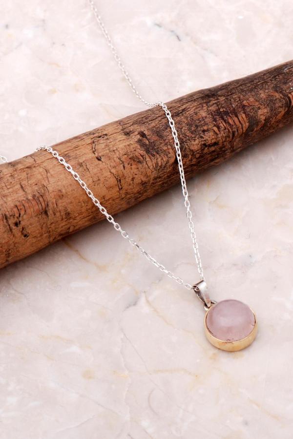 Pembe Kuvars Elişi Gümüş Kolye 6939 - Image 1