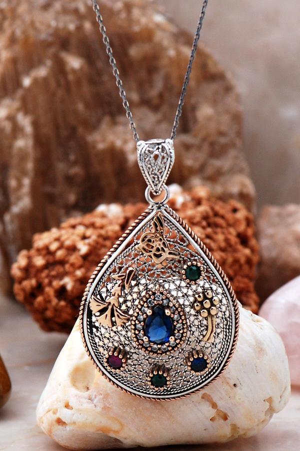 Telkari İşlemeli Safir Taşlı Tasarım Kolye 3910 - Image 1