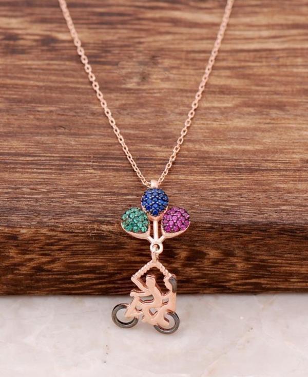 Mutluluktan Uçan Aşıklar Bisikletli Rose Gümüş Kolye 4057 - Image 1