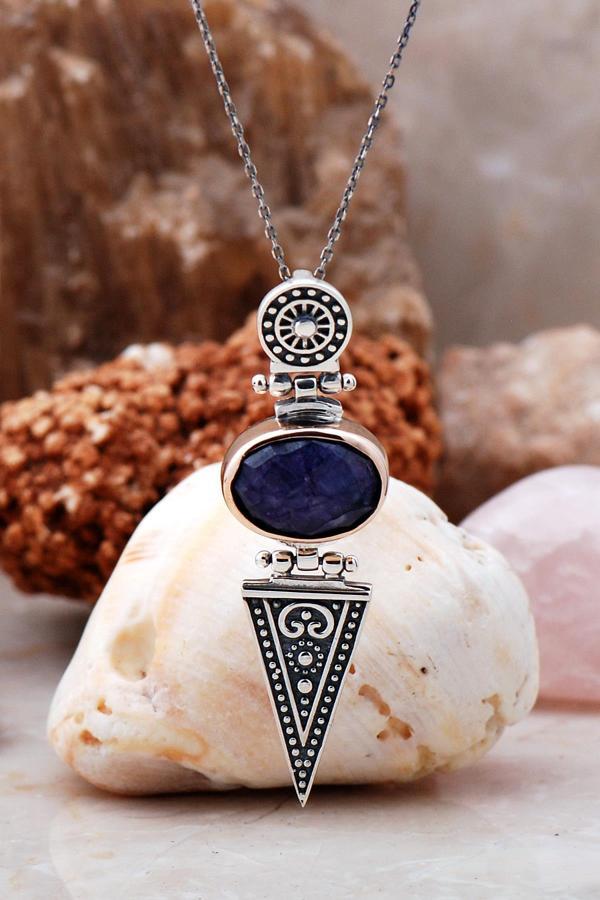 Safir Antik Tasarım Elişi Gümüş Kolye 7051 - Image 1