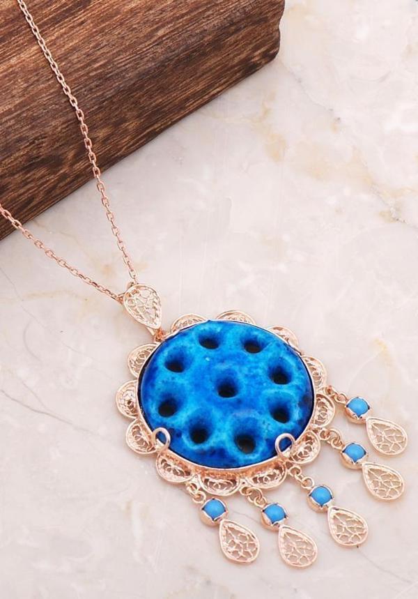 Telkari İşlemeli Rose Gümüş Süryani Nazar Boncuğu Kolye 6715 - Image 1