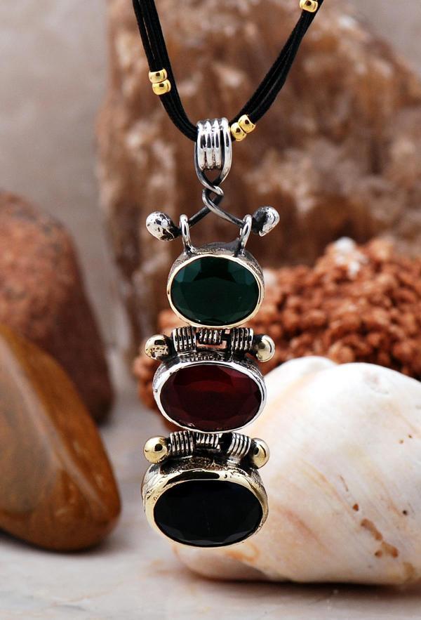 Doğal Taşlı Basamak Gümüş Kolye 708 - Image 1