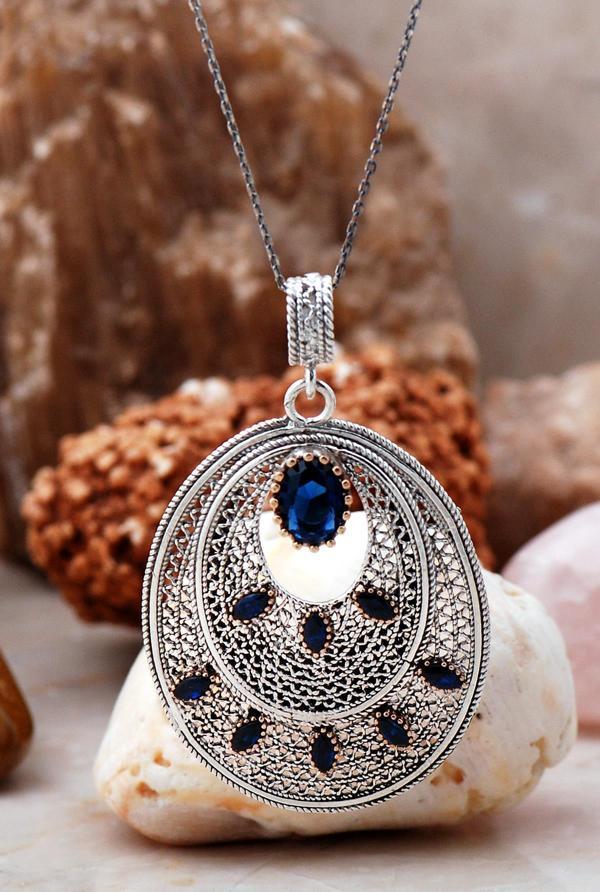 Safir Telkari İşlemeli Gümüş Kolye 6750 - Image 1