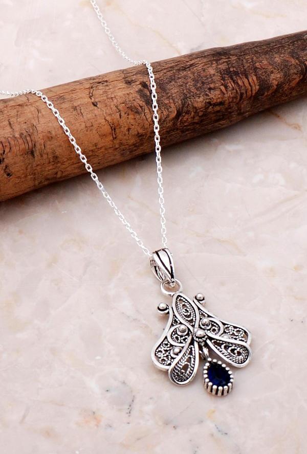 Telkari İşlemeli Elişi Gümüş Safir Kolye 7131 - Image 1