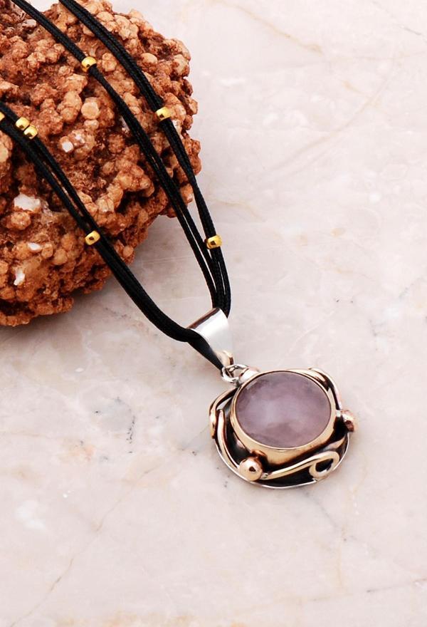 Pembe Kuvars Elişi Tasarım Gümüş Kolye 7139 - Image 1