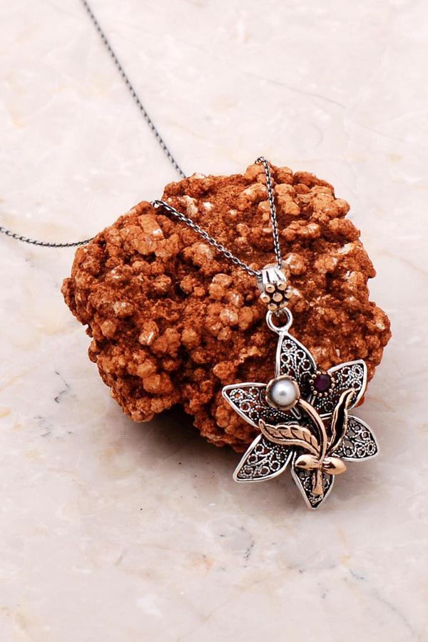 Telkari İşlemeli İnci Taşlı Gümüş Kolye 6792 - Image 1