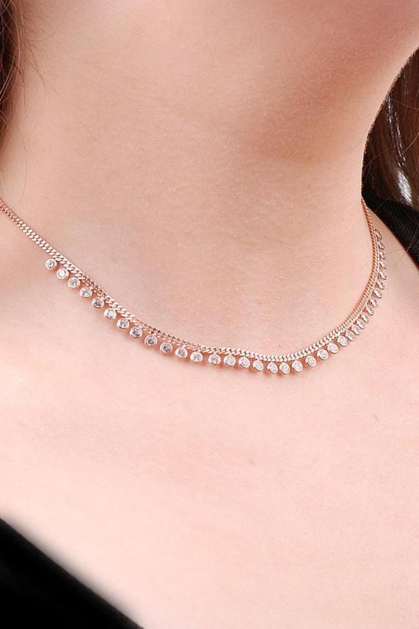 Choker Rose Gümüş Sıra Taşlı Tasarım Kolye 6469 - Image 1
