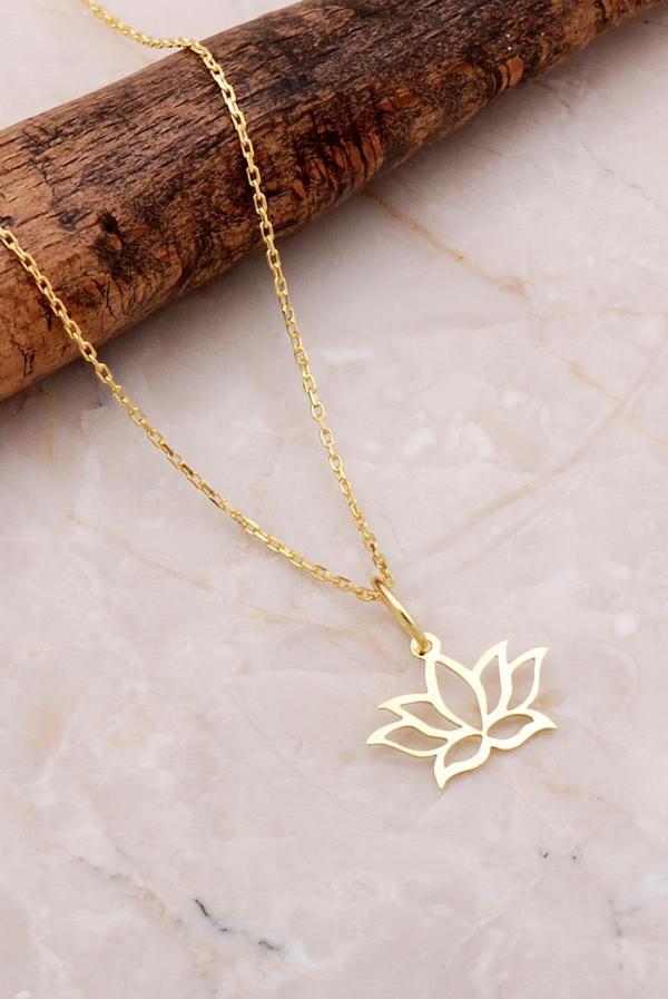Lotus Çiçeği Altın Yaldızlı Gümüş Kolye 7193 - Image 1