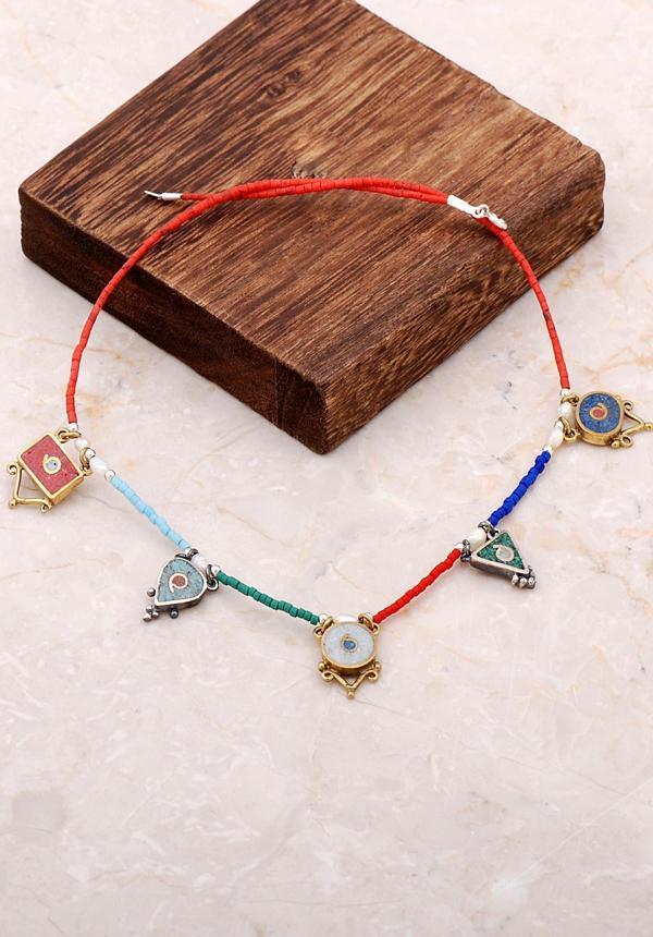 Doğal Taşlı Mozaik İşlemeli Gümüş Kolye 6841 - Image 1