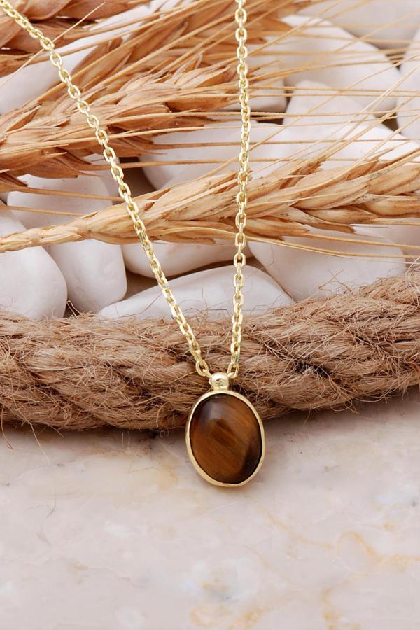 Kaplan Gözü Taşlı Altın Yaldızlı Gümüş Kolye 7704 - Image 1