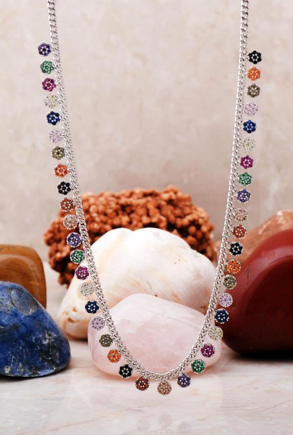 Mix Taşlı Rodyumlu Gümüş Choker Kolye 7222 - Image 1