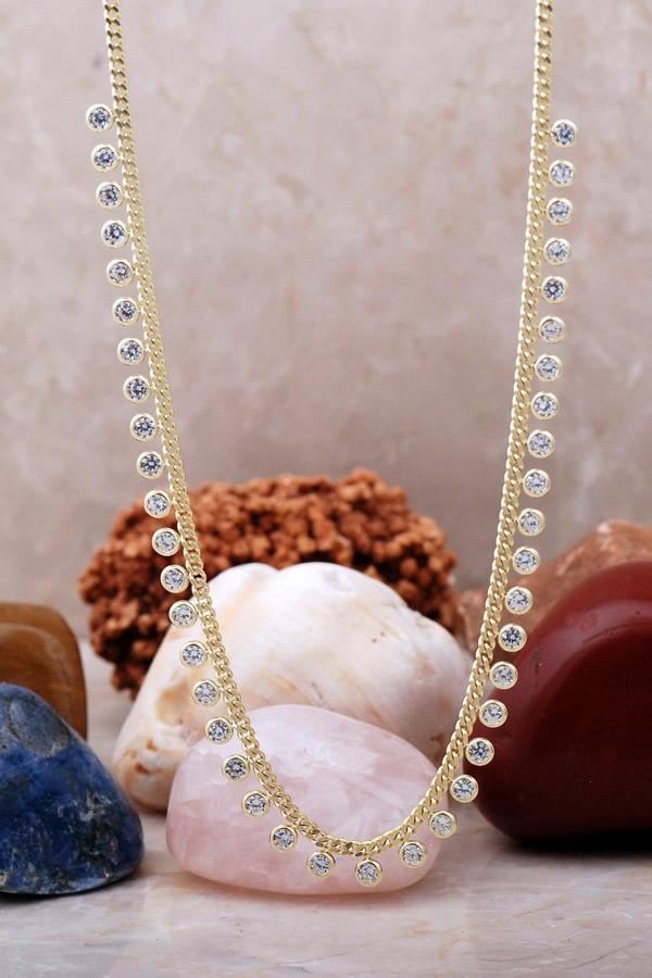 Sıra Taşlı Altın Yaldızlı Gümüş Choker Kolye 7234 - Image 1