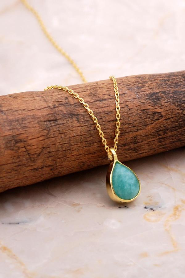 Doğal Amazonit Taşlı Damla Mini Altın Yaldızlı Gümüş Kolye 7756 - Image 1