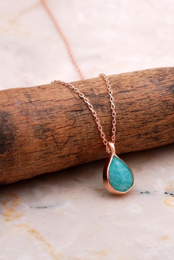 Doğal Amazonit Taşlı Damla Mini Rose Gümüş Kolye 7758 - Image 1