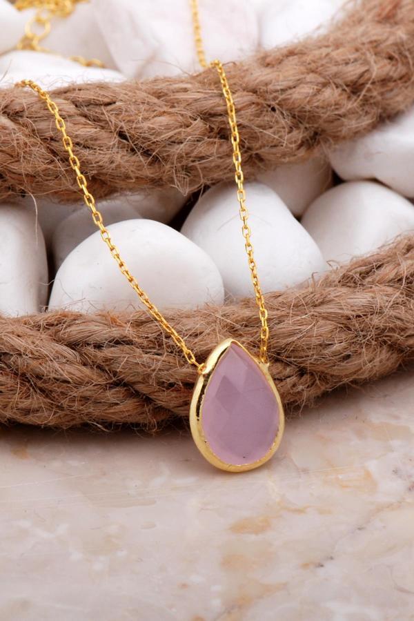 Pembe Kuvars Altın Kaplama Gümüş Kolye 7830 - Image 1