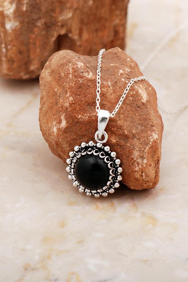 Oniks Taşlı Telkari İşlemeli Gümüş Kolye 8029 - Image 1