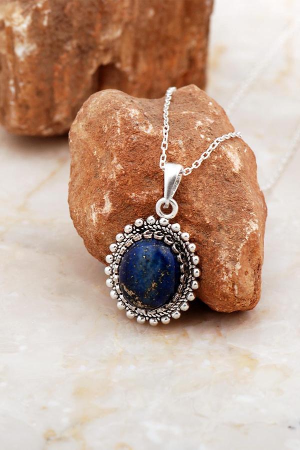 Lapis Lazuli Taşlı Telkari Elişi Oval Gümüş Kolye 8033 - Image 1