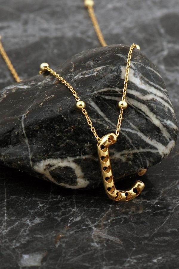 Kalpli Altın Kaplama J Harf Gümüş Balon Kolye 8046 - Image 1