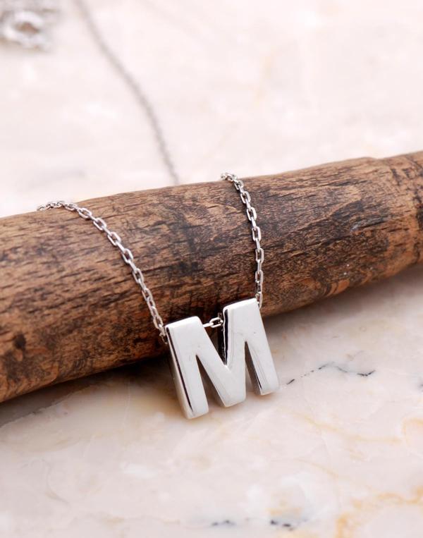 M Harfi Rodyumlu Gümüş Kolye 7880 - Image 1