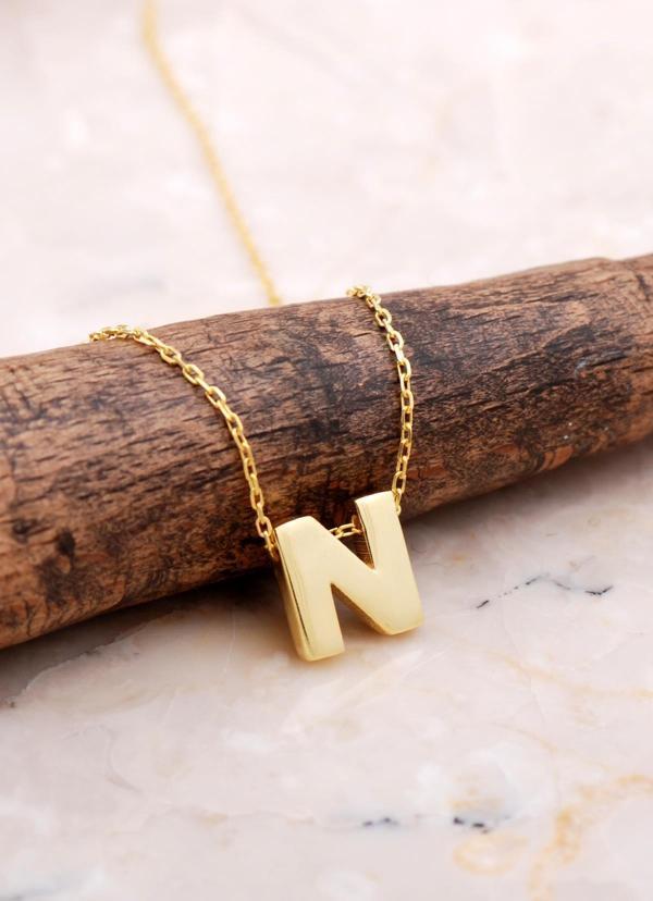 N Harfi Altın Kaplama Gümüş Kolye 7882 - Image 1