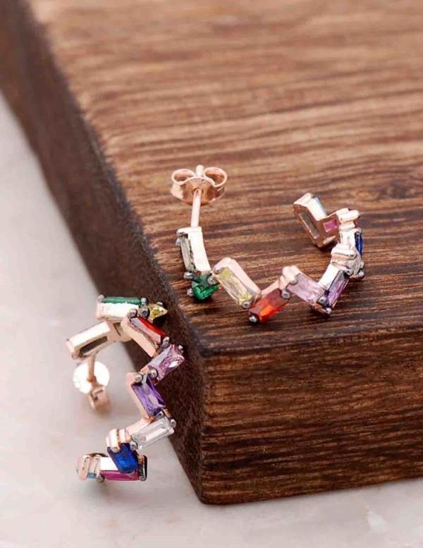 Baget Mix Taşlı Rose Gümüş Küpe 4075 - Image 1