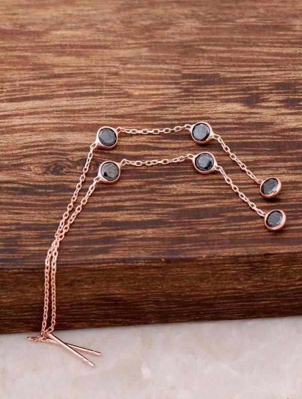 Siyah Safir Taşlı Rose Gümüş Zincir Küpe 4185 - Image 1