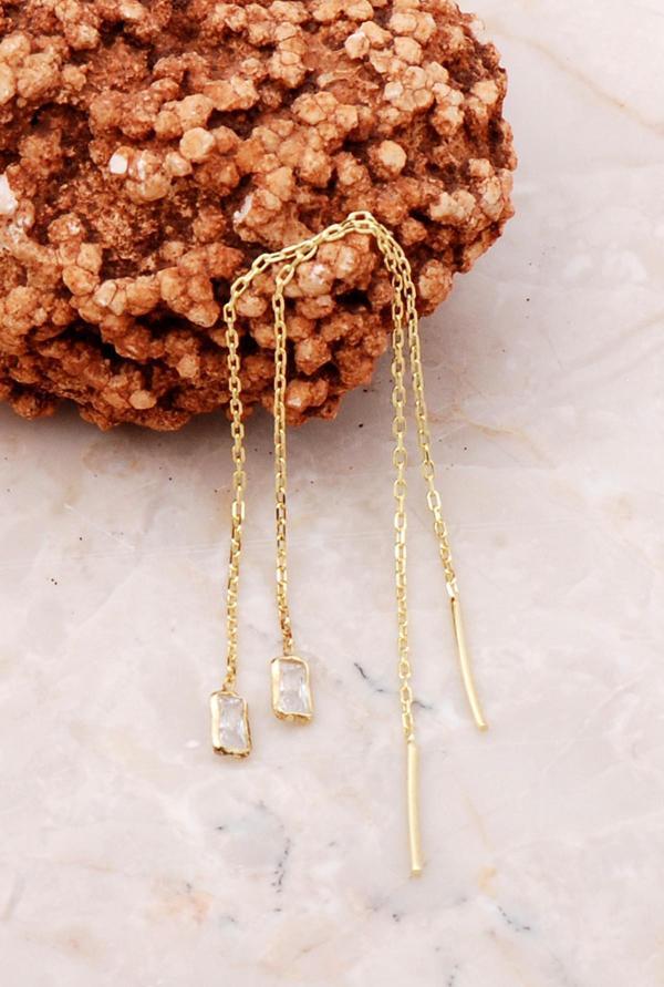 Baget Taşlı Altın Yaldızlı Gümüş Zİncir Küpe 5204 - Image 1