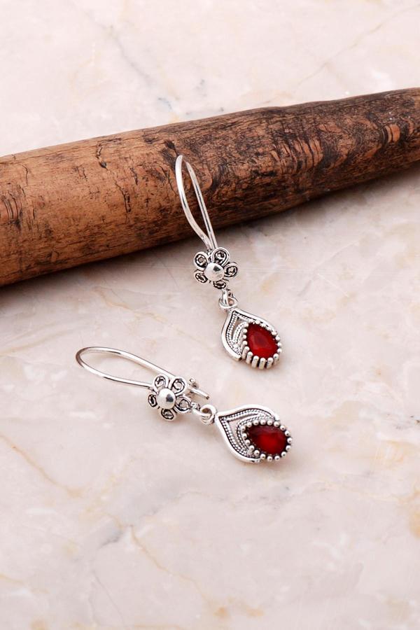 Telkari İşlemeli Elişi Gümüş Kök Yakut Küpe 5074 - Image 1