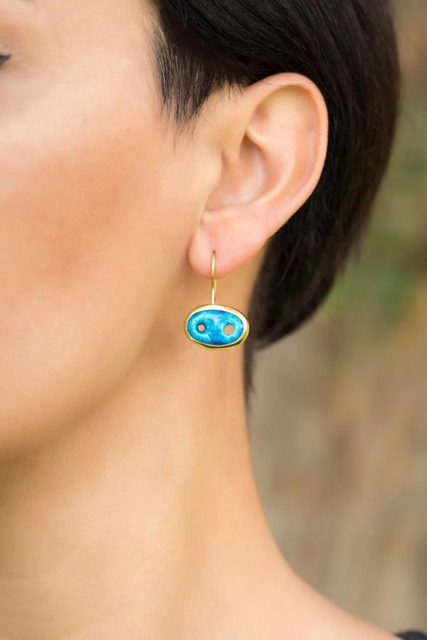 Süryani Nazar Boncuğu Altın Yaldızlı Gümüş Küpe 4738 - Image 1