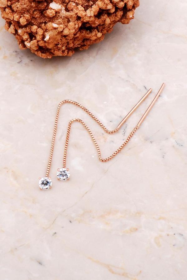4 mm Tek Taş Rose Gümüş Zincir Küpe 5292 - Image 1