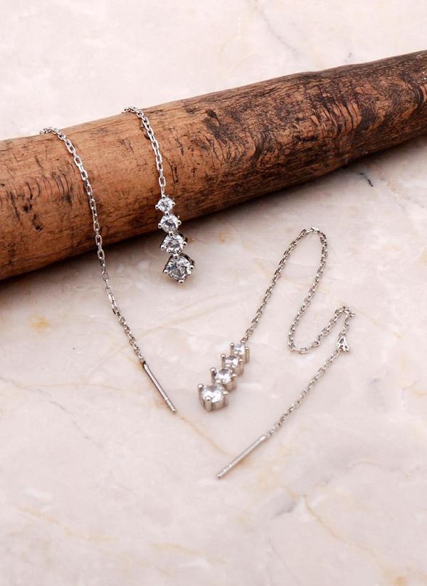 Sıra Taşlı Gümüş Zincir Küpe 5085 - Image 1