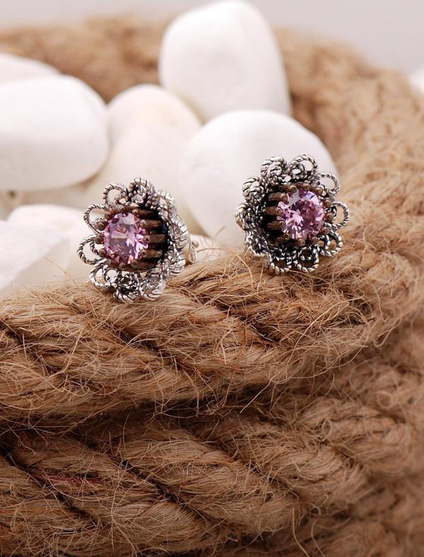 Pembe Kuvars Taşlı Telkari Elişi Gümüş Küpe 5579 - Image 1