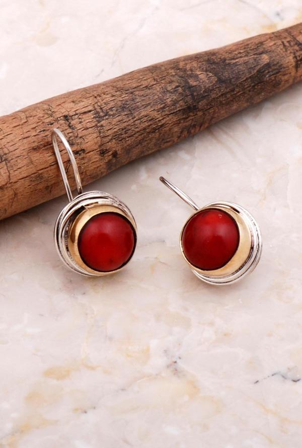 Mercan Taşlı Tel Sarma Elişi Gümüş Küpe 5612 - Image 1