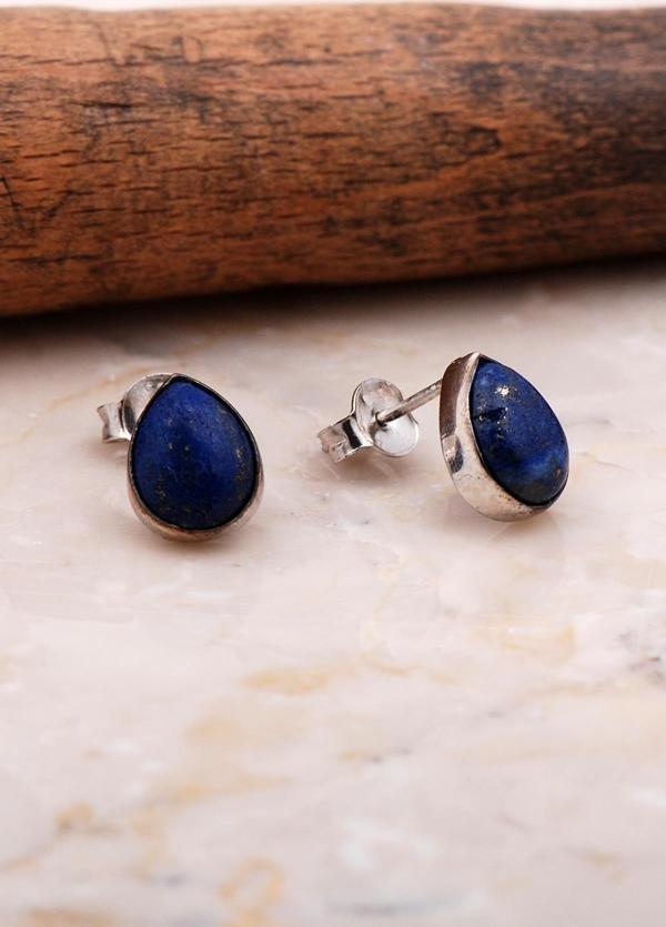 Doğal Lapis Lazuli Taşlı Damla Mini Rodyumlu Gümüş Küpe 5829 - Image 1
