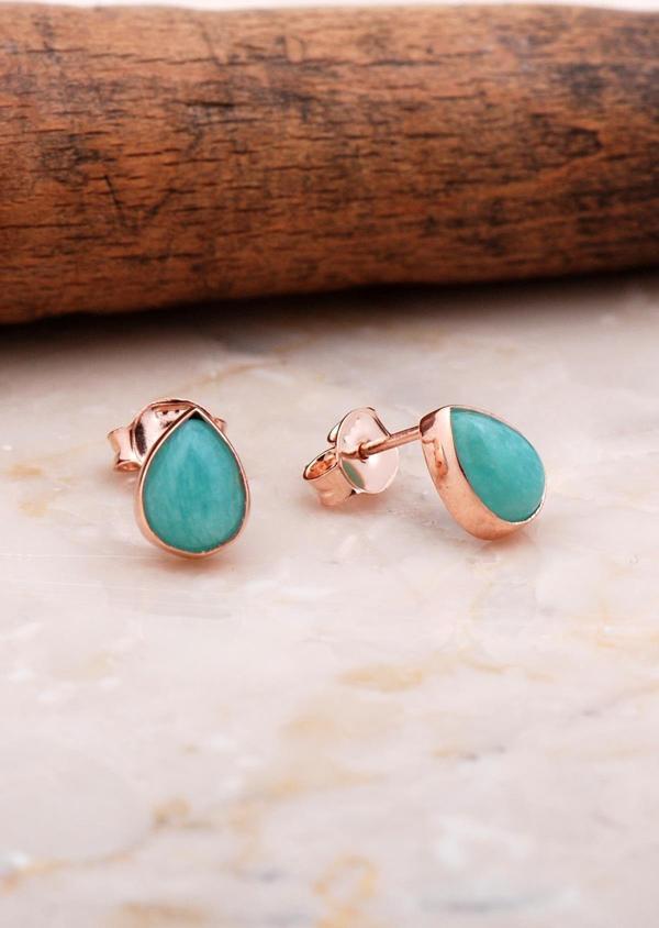 Doğal Amazonit Taşlı Damla Mini Rose Gümüş Küpe 5839 - Image 1