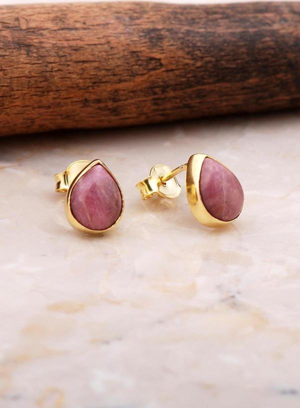 Doğal Rodonit Taşlı Damla Mini Altın Yaldızlı Gmüüş Küpe 5840 - Image 1