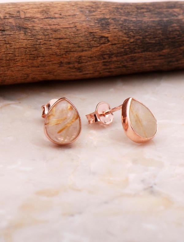 Doğal Sarı Rutil Kuvars Taşlı Damla Mini Rose Gümüş Küpe 5845 - Image 1